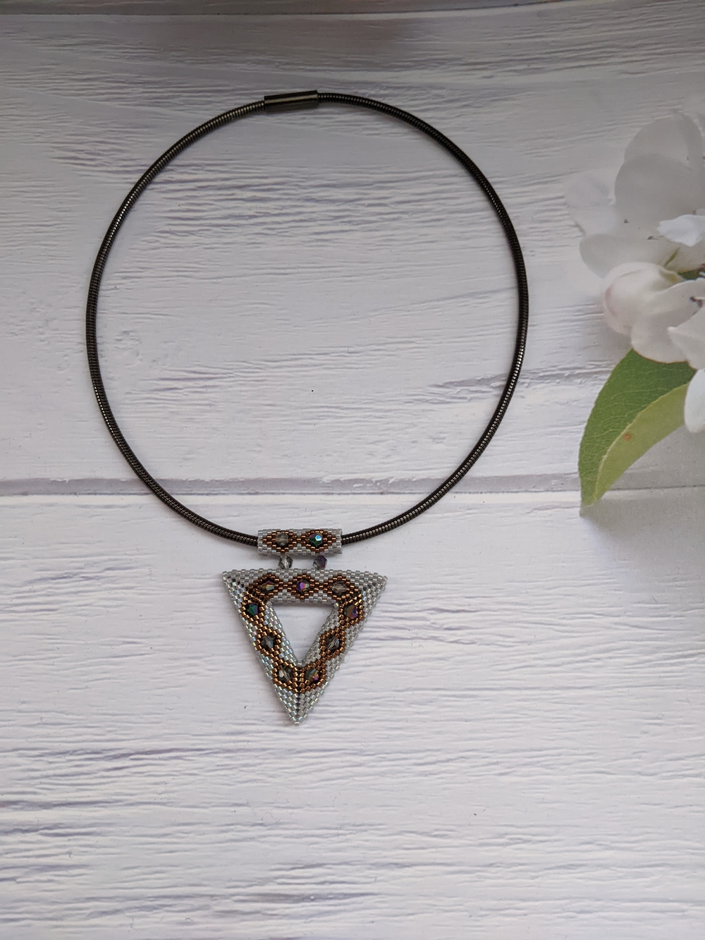 Iridescent Silver & Gold Triangle Beaded Pendant Necklace - Picture 2 of 9